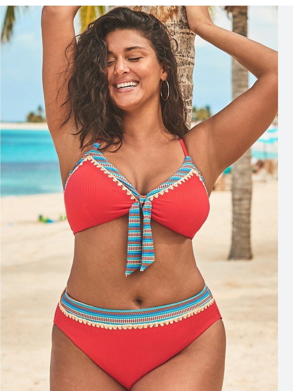 Swimsuits For All Red Tie-Front Bikini with Multicolor Trim